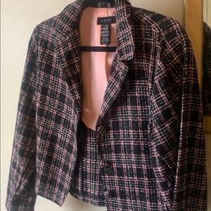 Matching pattern pink and black blazer and skirt